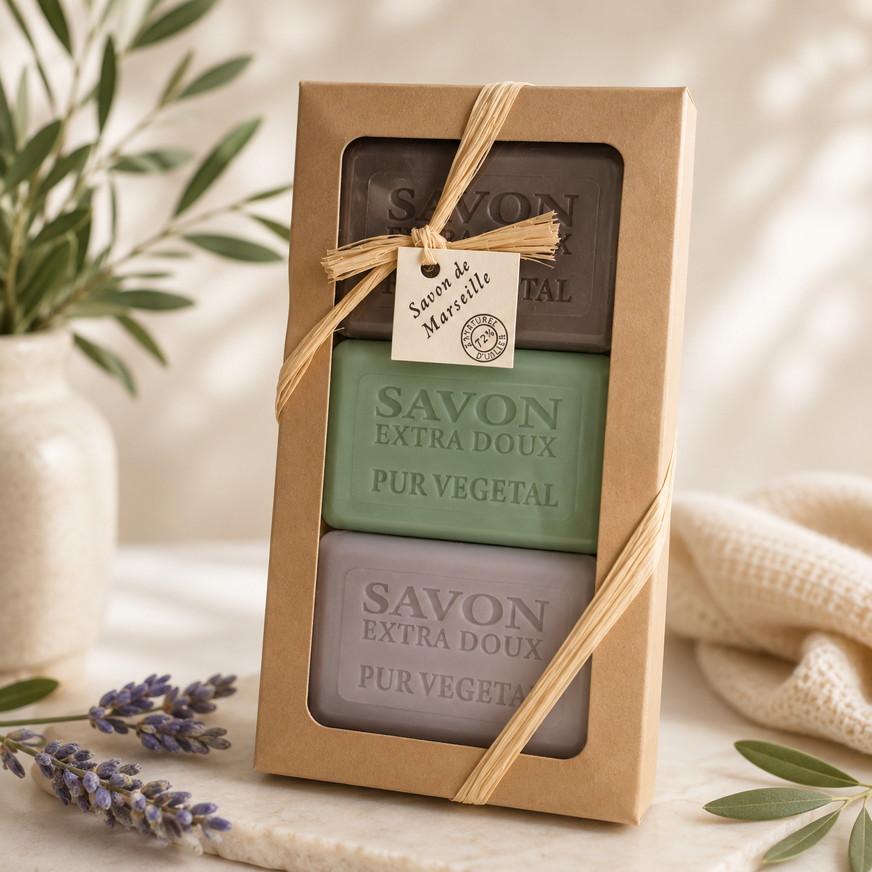 Cofanetto trio Sapone di Marsiglia — produzione semi-industriale di cosmetici solidi in private label — FABRICOSMETIC, Tunisia