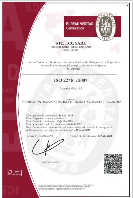 Certificato ISO 22716:2007 rilasciato da Bureau Veritas Certification a STE LCC SARL per la produzione di saponi e cosmetici solidi Certificato ISO 22716:2007 rilasciato da Bureau Veritas Certification a STE LCC SARL per la produzione di saponi e cosmetici solidi